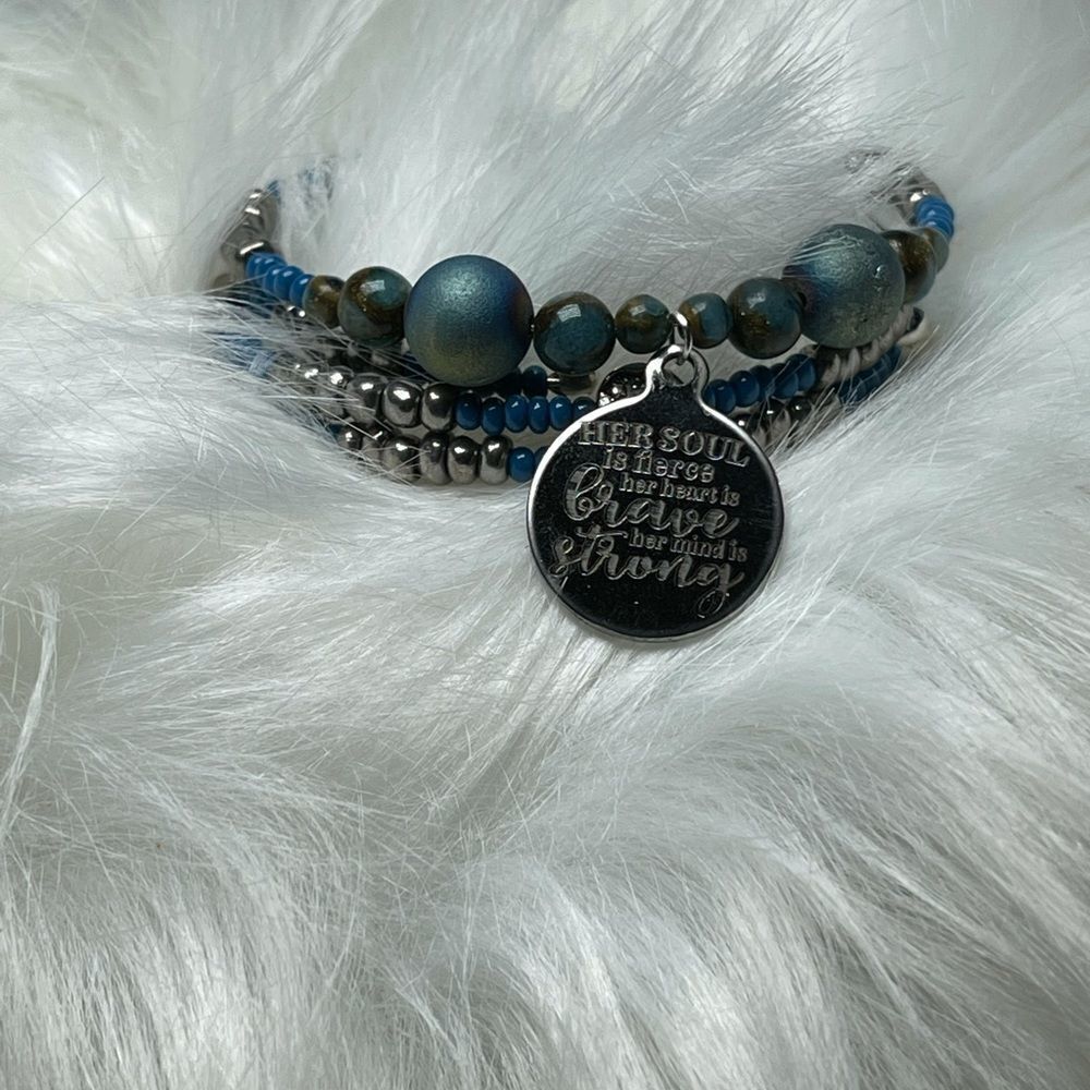 Handmade blue and gray bracelet beaded memory wire wrap bracelet, charm bracelet